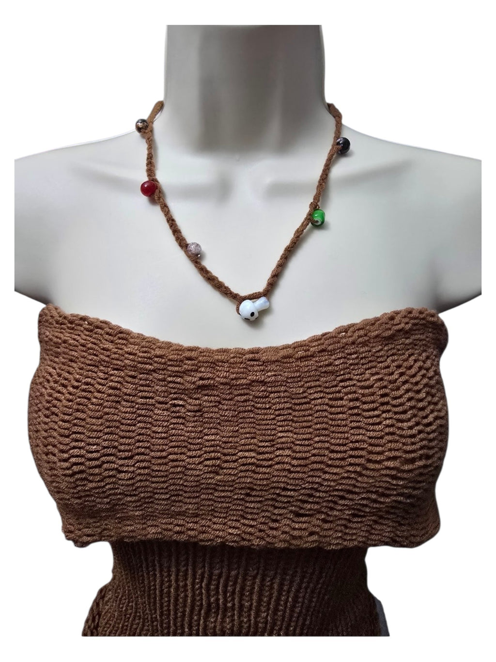 Knit tube top with beaded  crochet necklace