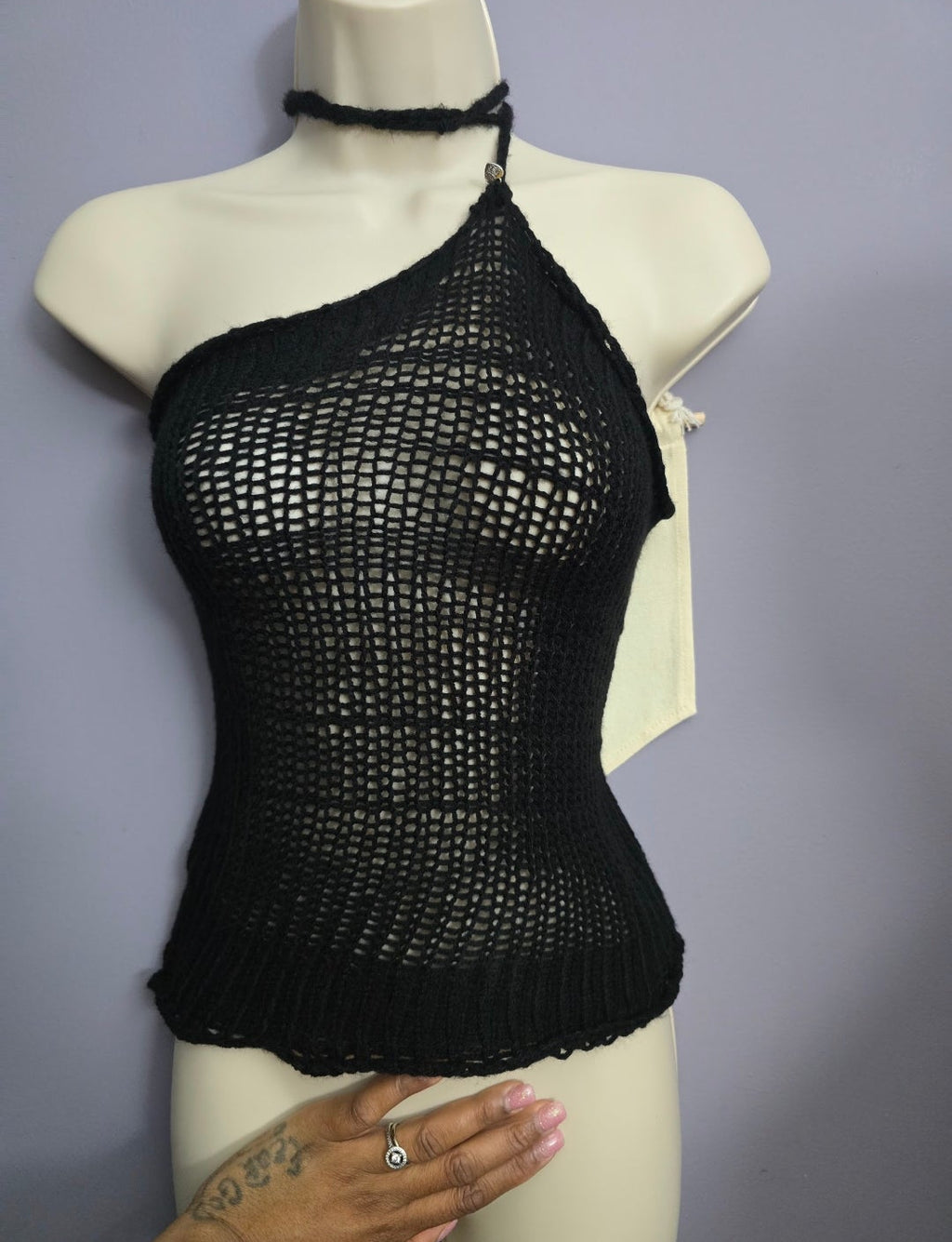 Lacy One-Shoulder Knit Halter Top