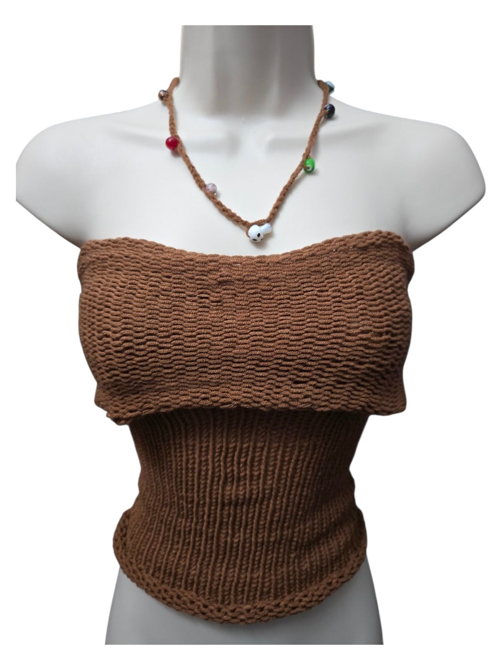 Knit tube top with beaded  crochet necklace